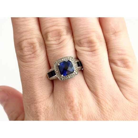 Blue Sapphire Cushion Cut Faceted 925 Sterling Silver Vintage Ring - sz 7 - Picture 8 of 12